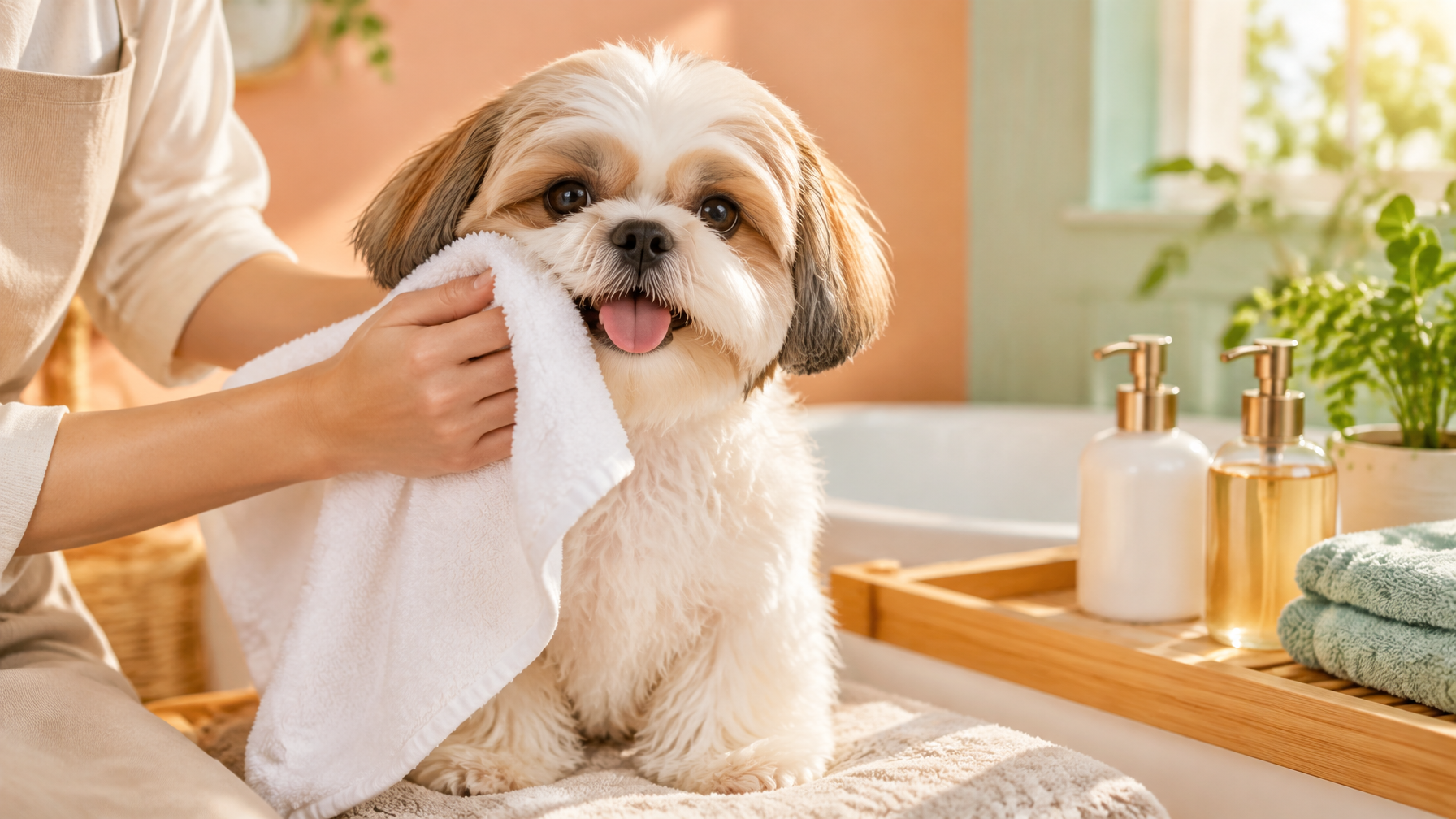 Shih Tzu having its face gently dried with a towel after a tearless face wash