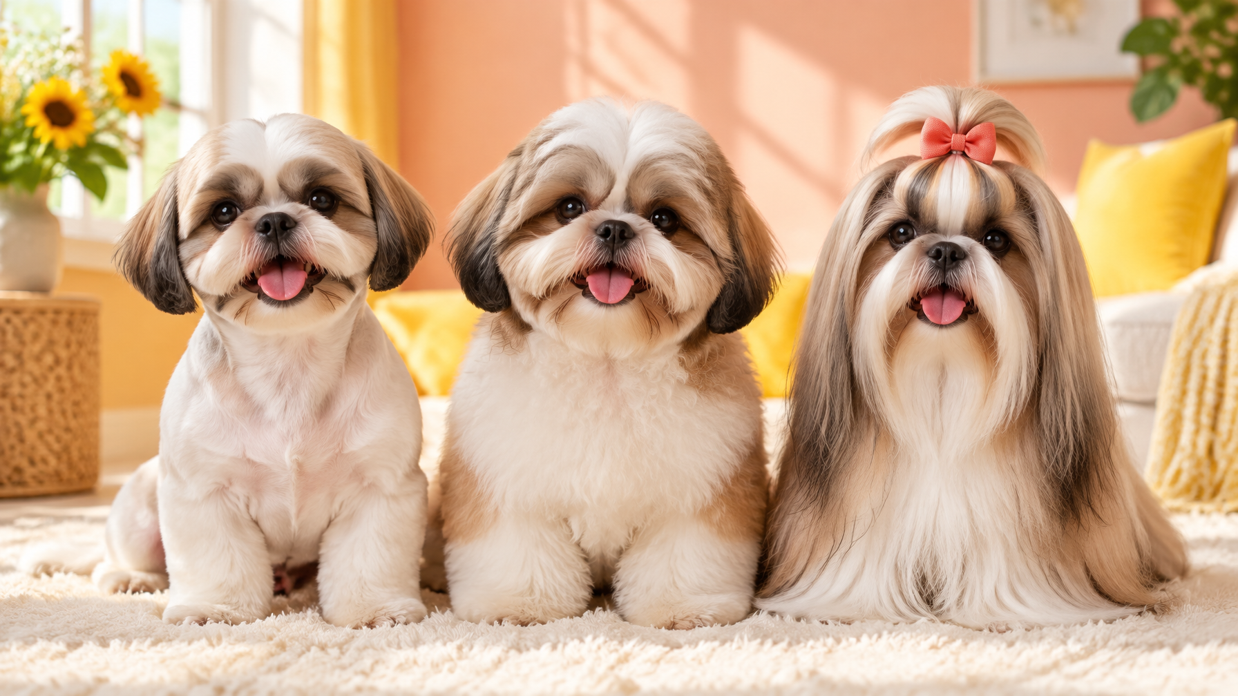 Three Shih Tzus showing a puppy cut, a teddy bear cut and a long coat with a topknot